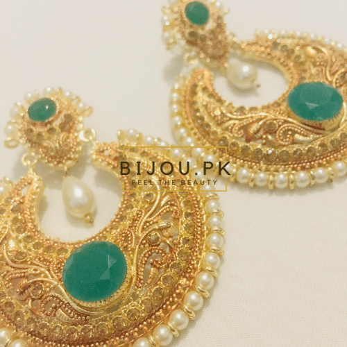 Pearls & Emerald Golden Earrings for women in Pakistan